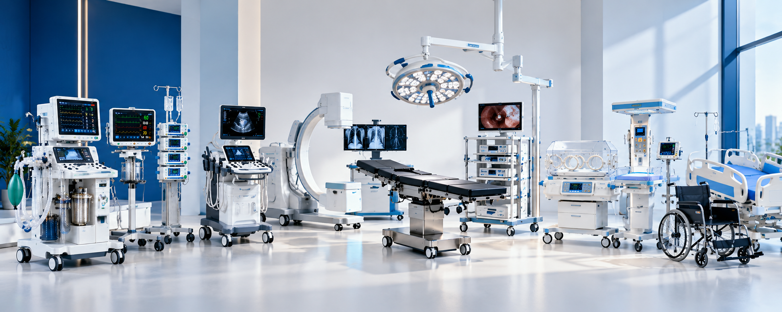 Showroom displaying an anaesthesia workstation, patient monitors, infusion pumps, ultrasound, C-arm, operating table and light, endoscopy tower, infant incubator, radiant warmer, wheelchair and hospital bed