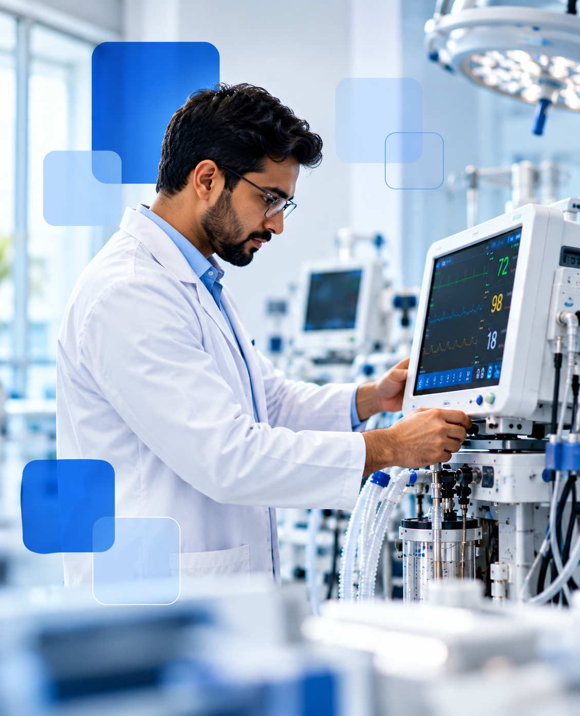 Biomedical engineer inspecting a patient monitor on a ventilator